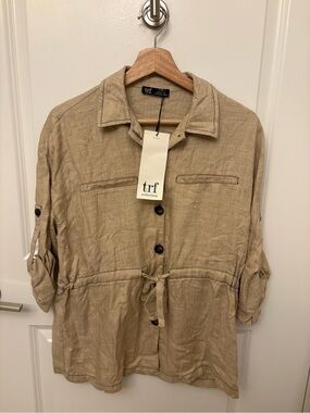 NWT Zara Trf Collection Beige Utility Shacket XS Drawstring Topstitch Roll Tab
